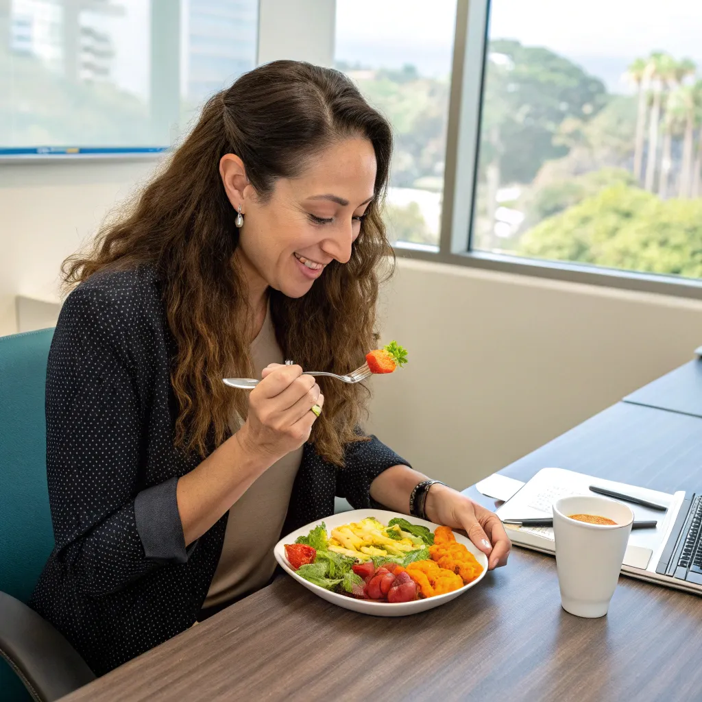 Emily Rivera enjoying a nutritious meal in her office break room