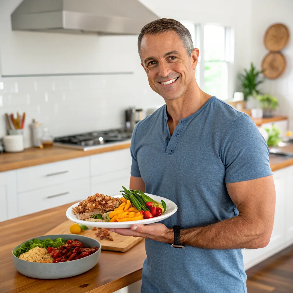 Michael Thompson presenting a healthy, home-cooked meal